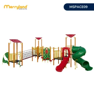 Cầu trượt liên hoàn MSPACE09 gồm nhiều tháp chơi, cầu lưới, bước thăng bằng, cầu trượt hở màu đỏ và cầu trượt ống xoắn màu xanh.