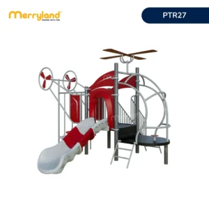 Cầu trượt liên hoàn PTR27 hình trực thăng màu đỏ xám có cầu trượt, cánh quạt và khung leo cong.