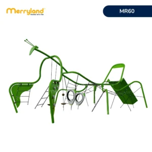 Hệ leo dây vận động MR60 dạng khung uốn lượn với nhiều lưới leo, khung chui và chướng ngại vận động liên hoàn.