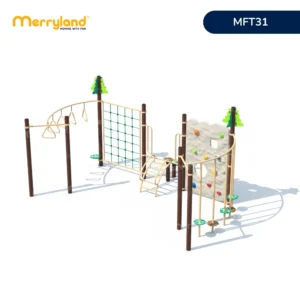 Hệ vận động đa năng MFT31 có tay bám tam giác, lưới leo, thang cong và vách leo nhiều mấu bám.