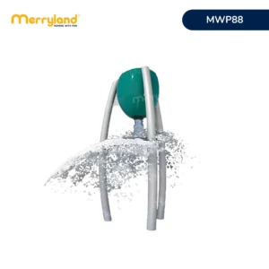 Thiết bị vui chơi nước MWP88 dạng xô lật lớn màu xanh trên hệ khung cao với nước đổ xuống phía dưới.